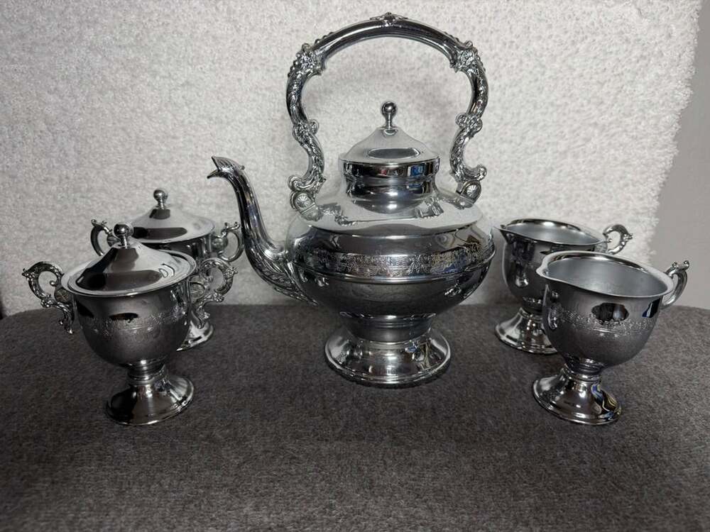 VTG Ornate Silverplate 5 Piece Tea Set Teapot Sugar Creamer Victorian Style-READ